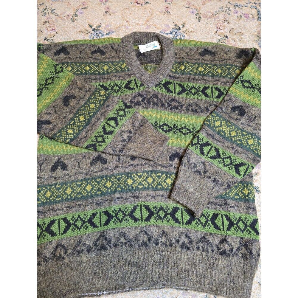 Vtg 90's Geometric Mohair Wool V-Neck Pullover Sweater Green Black Size L/XL